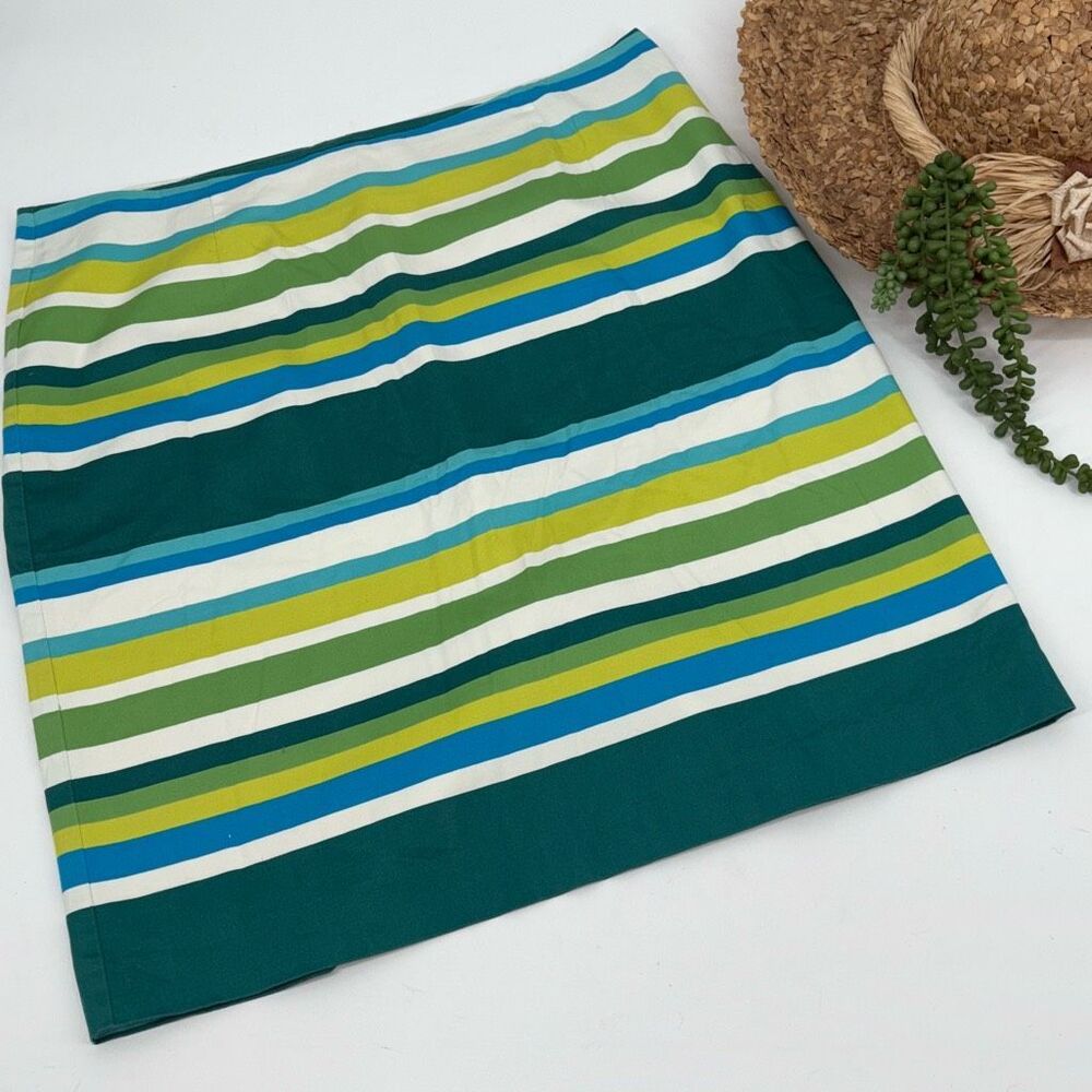 Boden Bright‎ Stripe Bellow Knee Pencil Skirt Green Blue Size 14